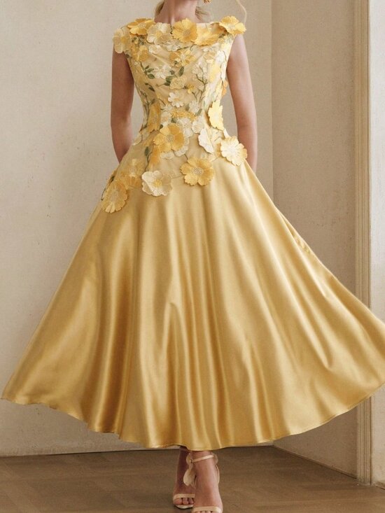 Dresses & Skirts - Yellow Elegant Women's A-Line Dress With 3d Floral